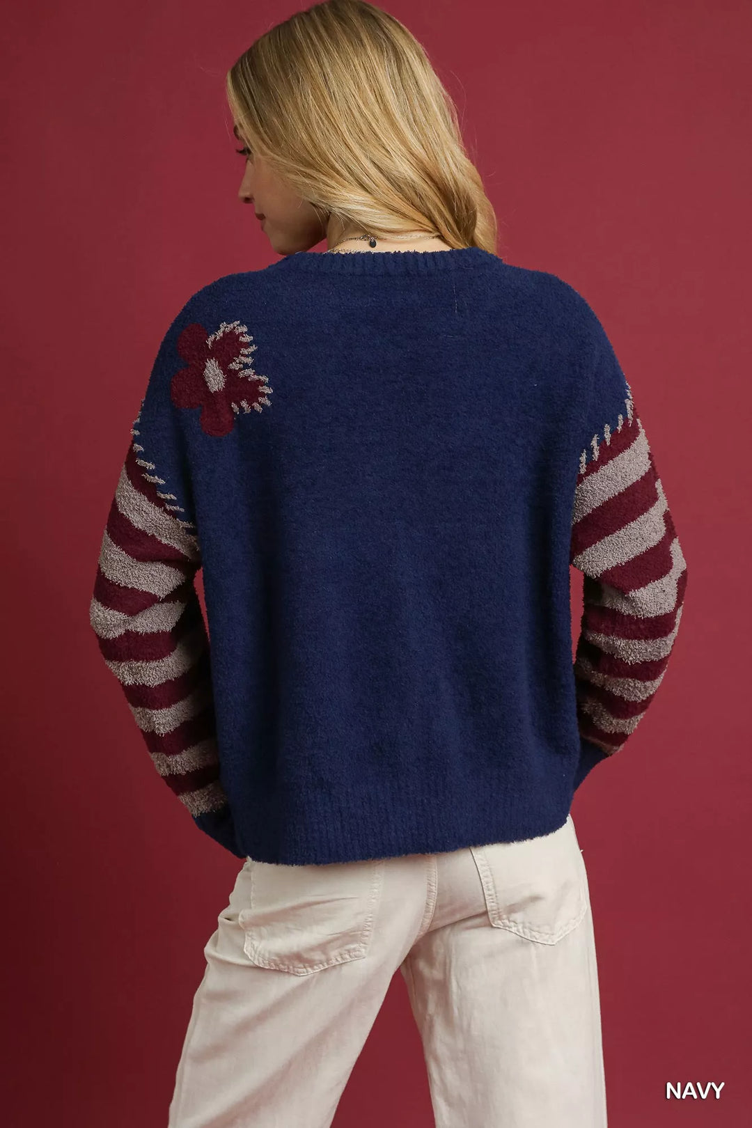 Umgee Flower Jacquard Striped Long Sleeve Sweater | Sweaters Daverri Fashions