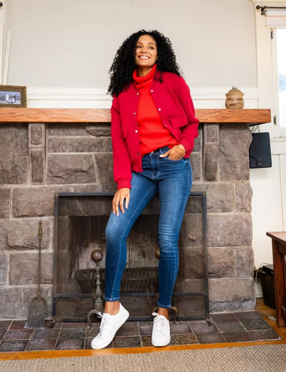 Red cotton button-down shirt with white buttons and cuffs