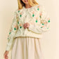 Cream Davi & Dani floral knit cardigan with pom-poms and embroidery