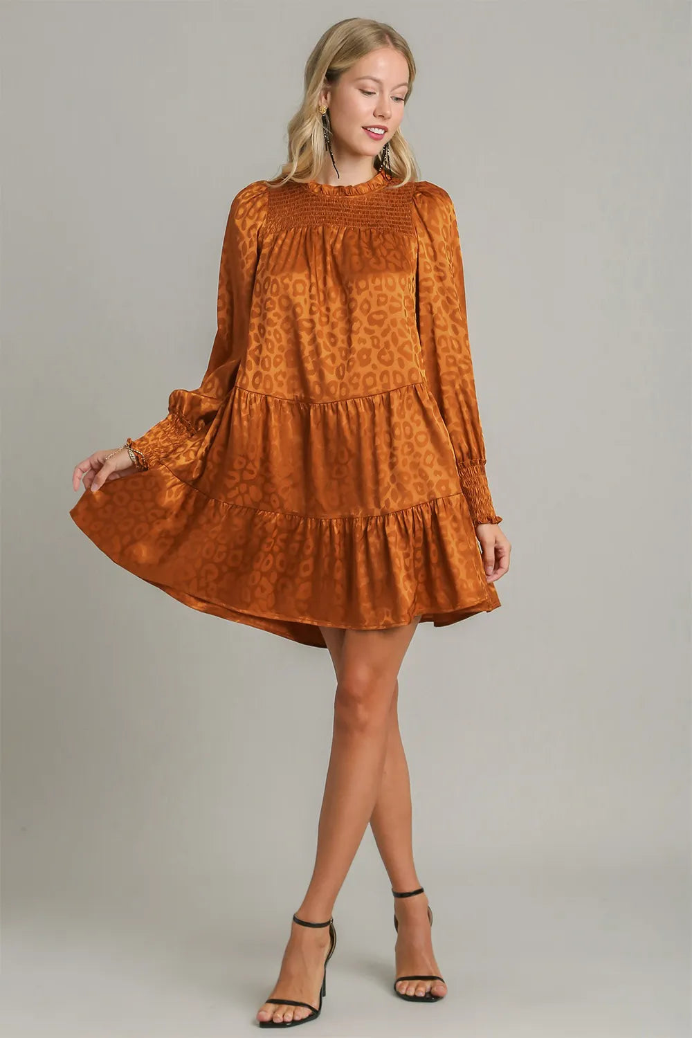 Umgee Smocked Leopard Long Sleeve Tiered Dress Mini Dresses