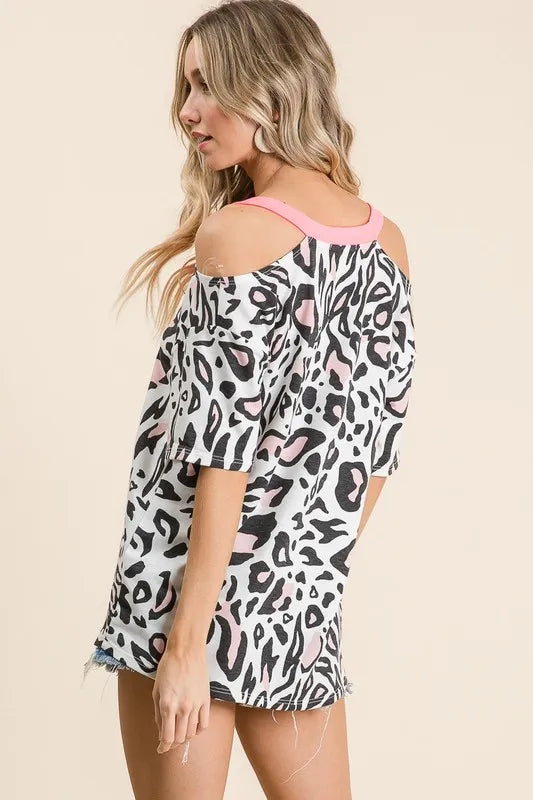 BiBi Leopard Print Top with Shoulder Cut Out Tops