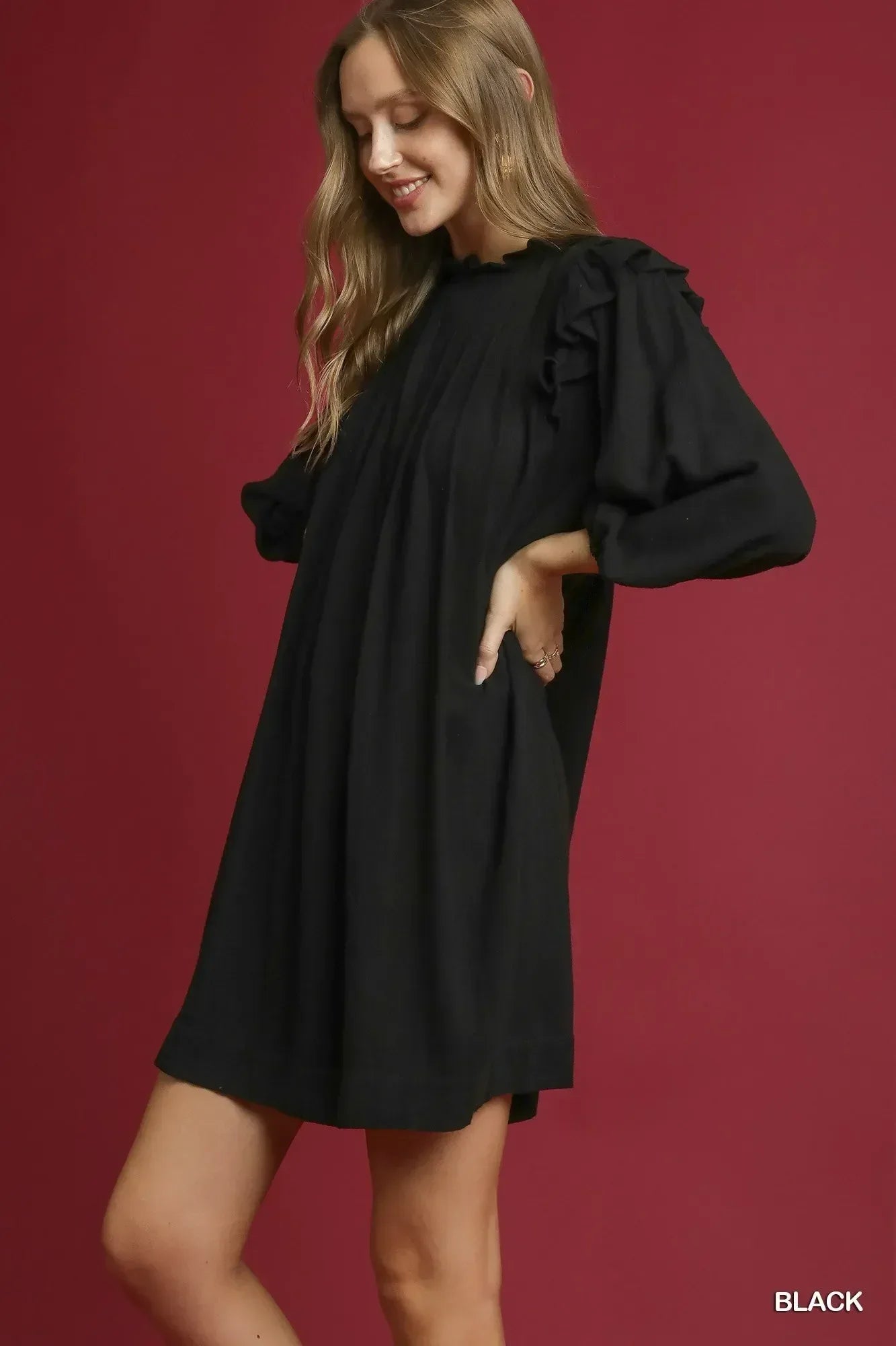 Umgee Linen Ruffle Shoulder Pleated Babydoll Dress - DAVERRI FASHIONS