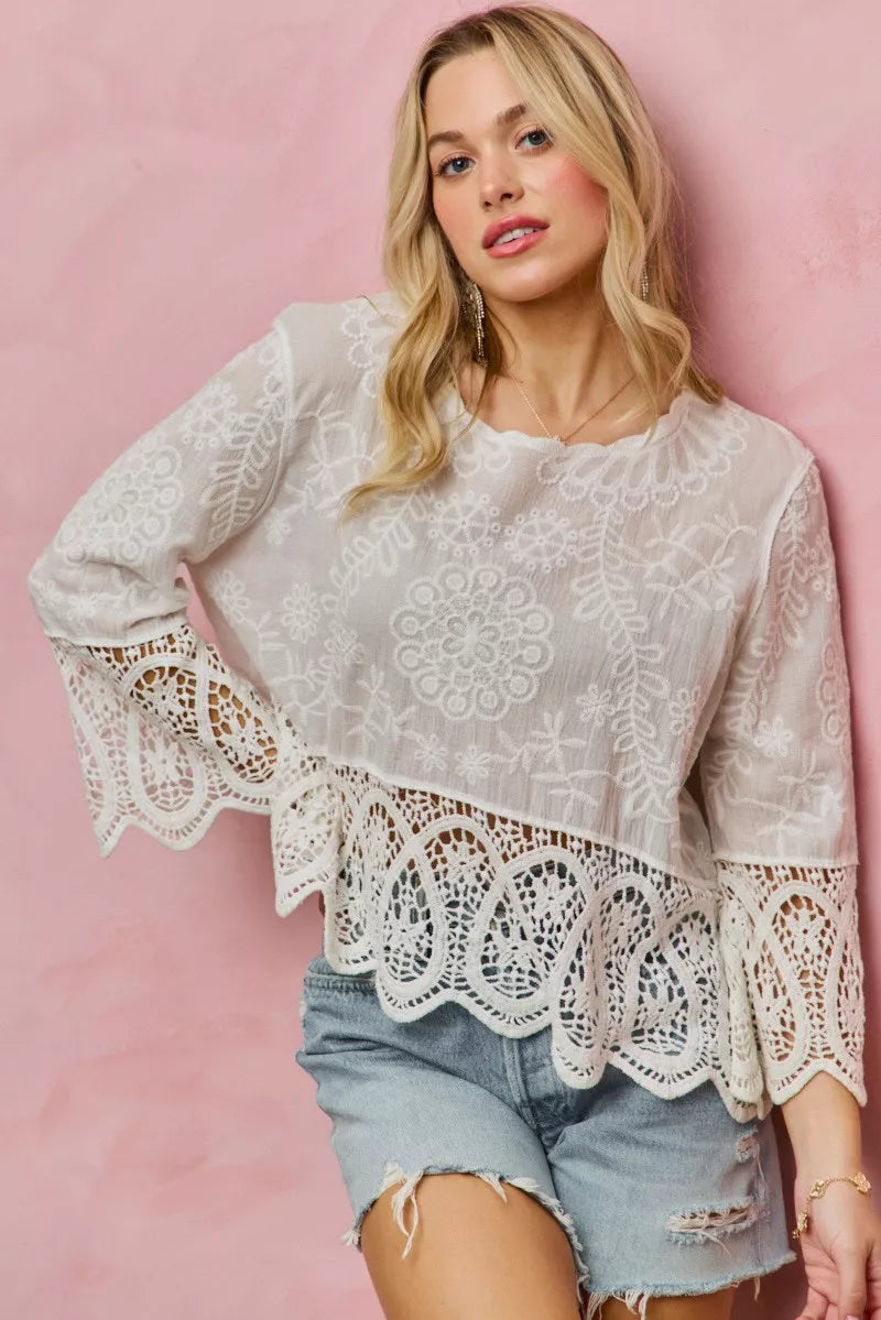 SO ME floral embroidered crochet lace trimmed top with bell sleeves