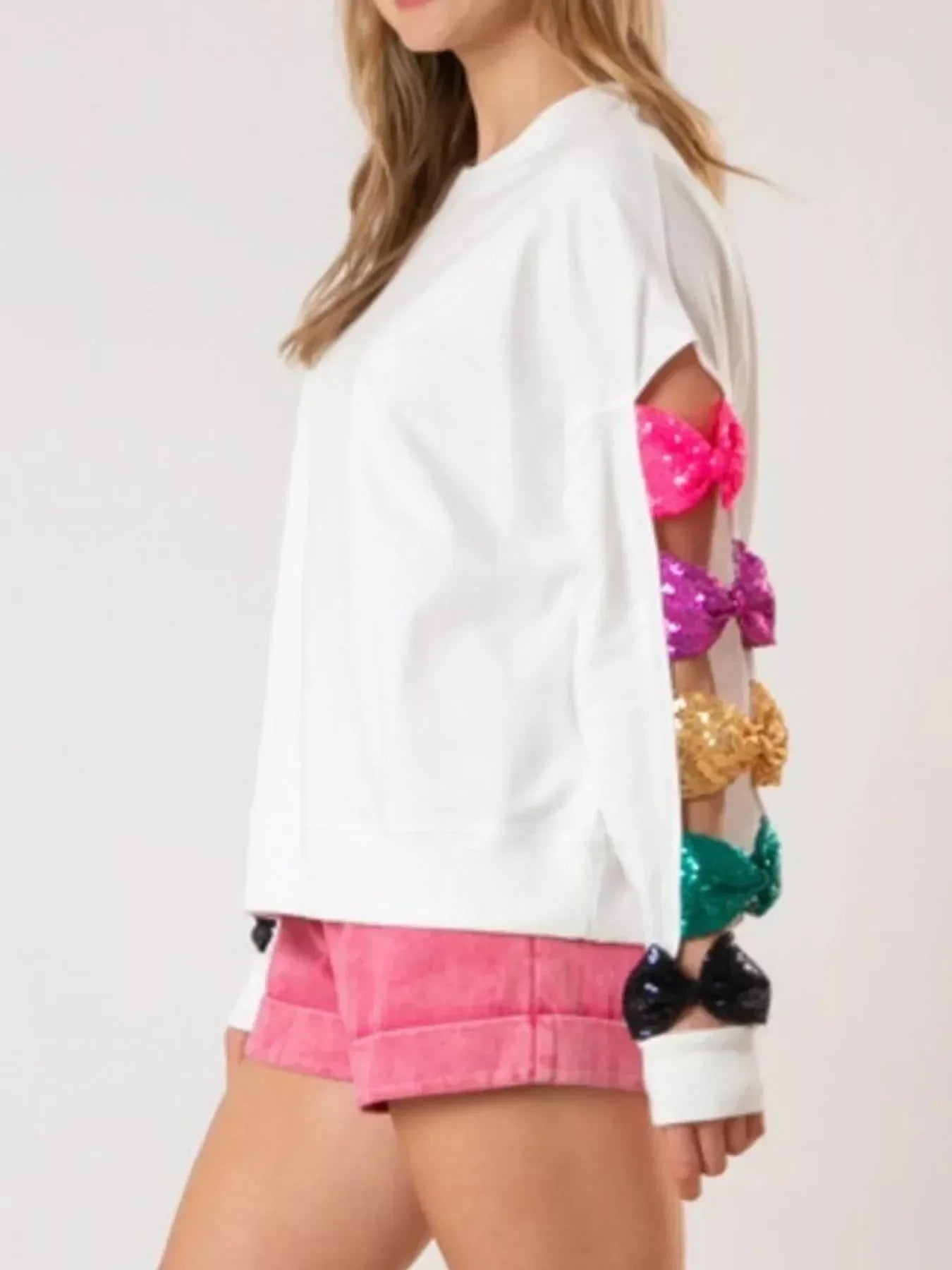 Sequin Bow Cutout Round Neck Sweatshirt - DAVERRI FASHIONS