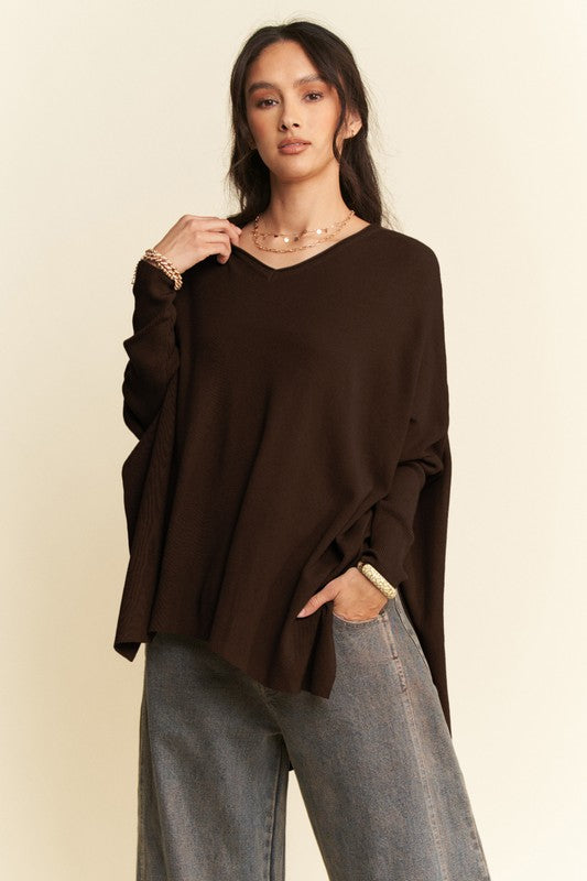 Davi & Dani High-Low Side Slit Batwing Sleeve Top Chocolate