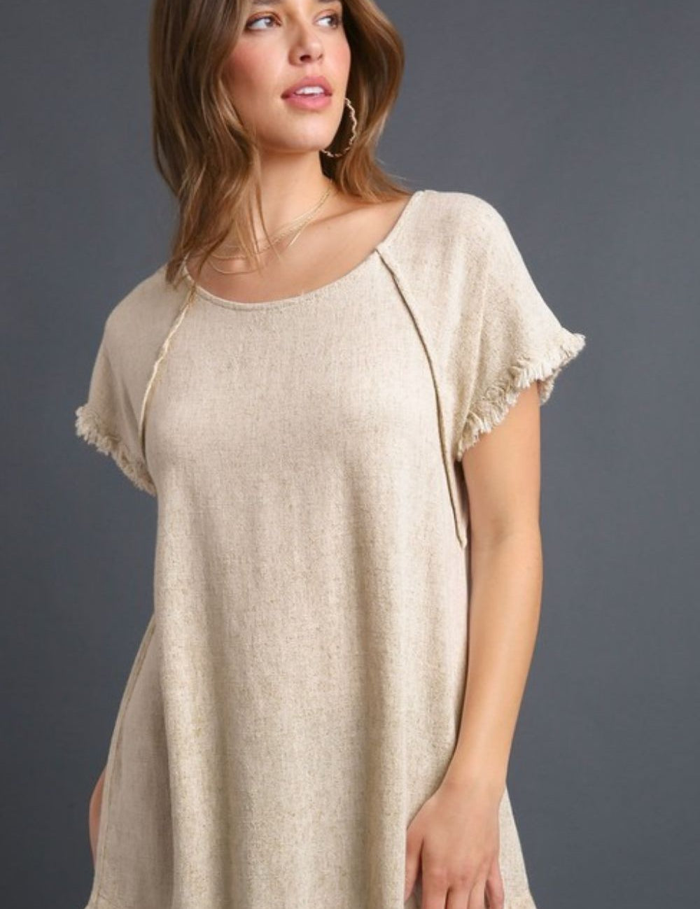 OATMEAL S Umgee Full Size Seam Detail Linen Ruffle Fringe Edge Top Plus Size | Tops Daverri Fashions