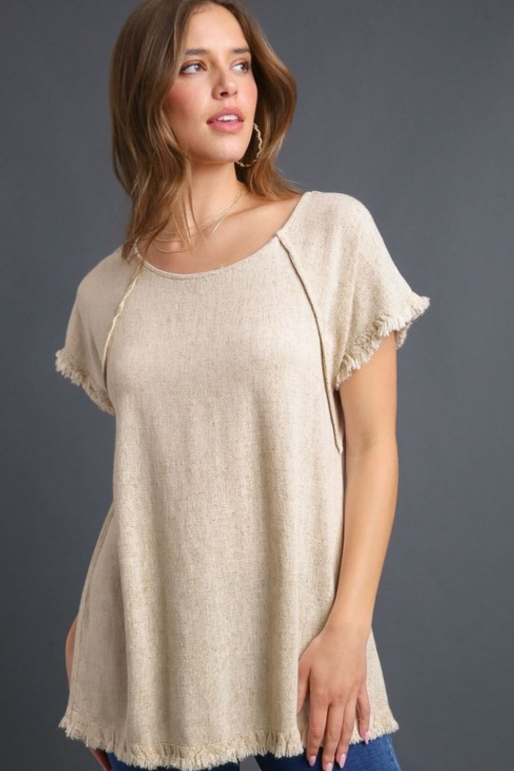 Umgee Full Size Seam Detail Linen Ruffle Fringe Edge Top Plus Size OATMEAL Tops