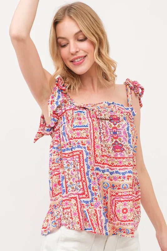 And The Why Ruffled Neck Tied Strap Boho Printed Swing Top Tops