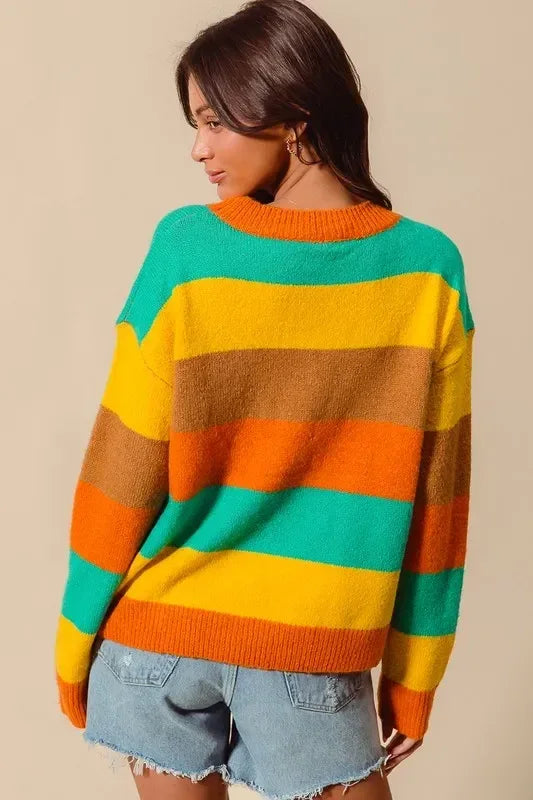 SO ME Multi Color Stripe Sweater with Ribbed Detail - DAVERRI FASHIONS