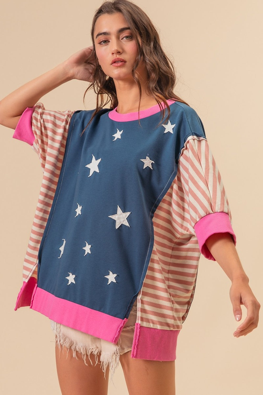 BiBi US Flag Theme Color Block Star Patch T-Shirt Navy Multi T-Shirts