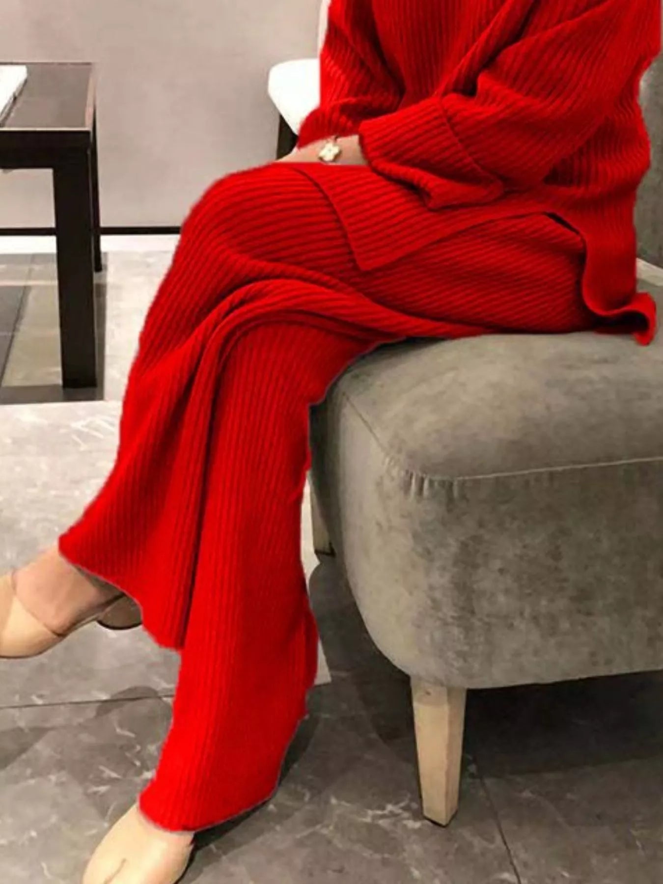 Vibrant red ribbed knit plus size loungewear set with sweater and wide-leg pants
