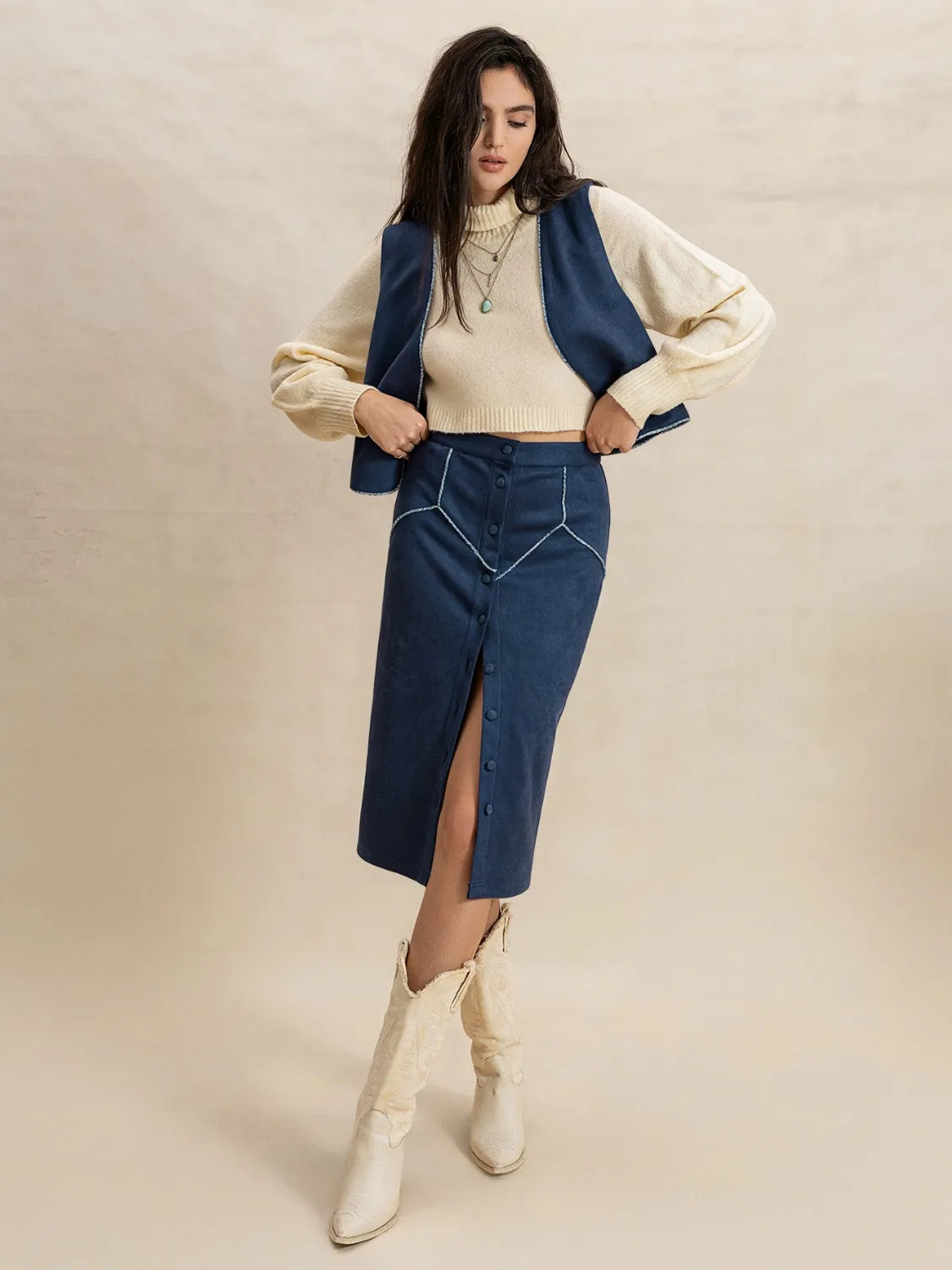 Open Front Vest and Buttoned Skirt Set | Outfit Sets Daverri Fashions