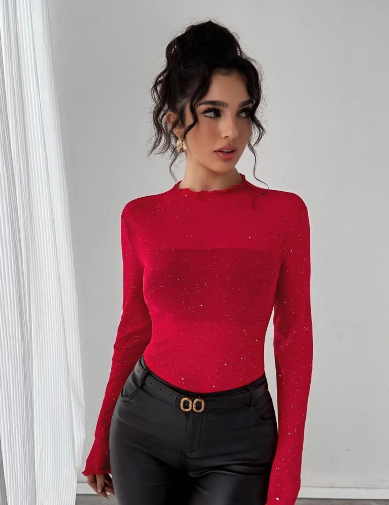 Red Glitter Long Sleeve Fitted Top | Tops Daverri Fashions