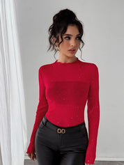 Red Glitter Long Sleeve Fitted Top | Tops Daverri Fashions