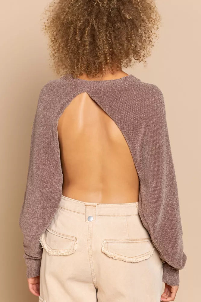 POL Round Neck Backless Sweater with Ribbed Edge | Sweaters Daverri Fashions