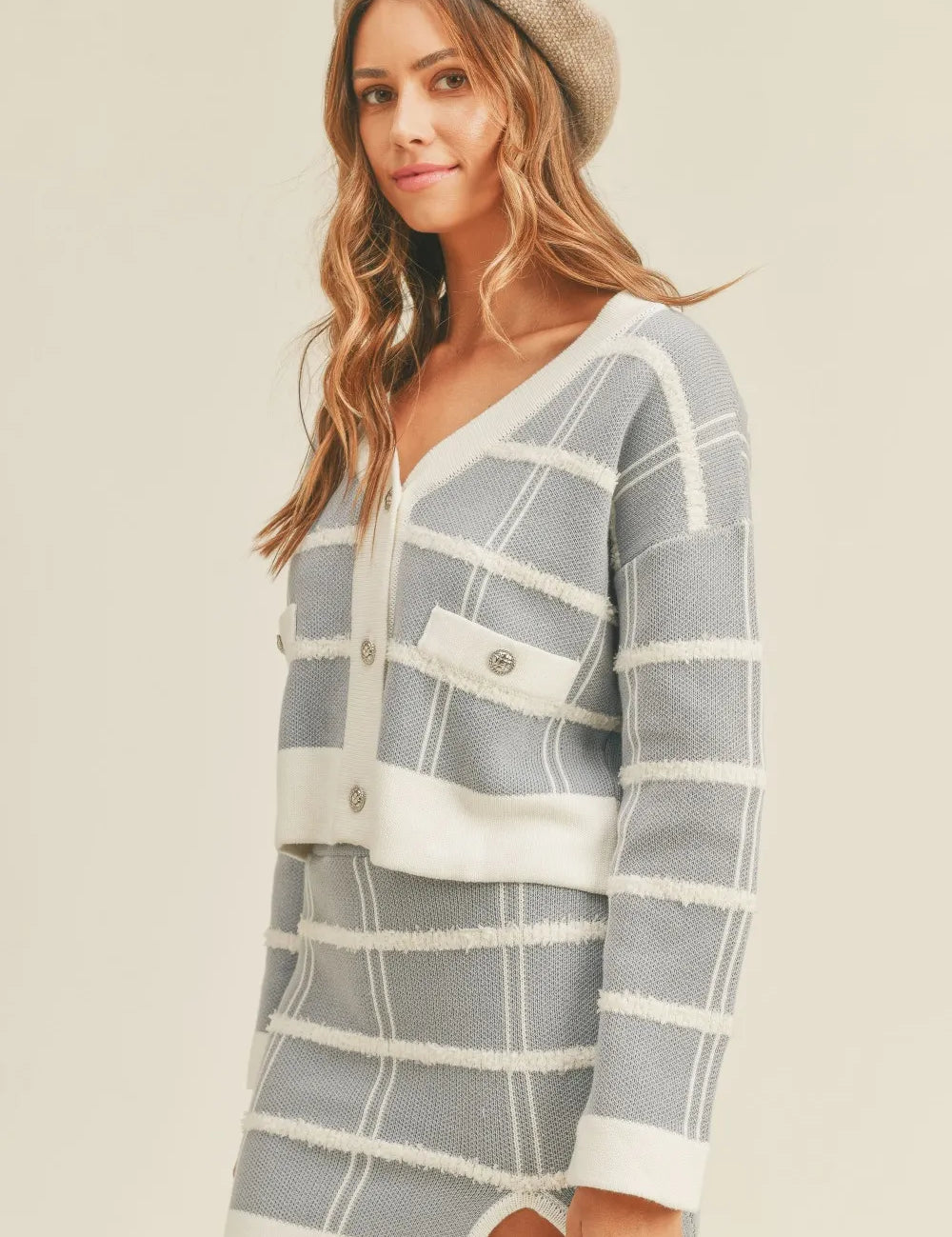 Dusty Blue MABLE Plaid Button Down Sweater Cardigan and Mini Skirt Set | Outfit Sets Daverri Fashions