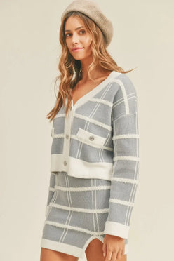 MABLE Plaid Button Down Sweater Cardigan and Mini Skirt Set - DAVERRI FASHIONS