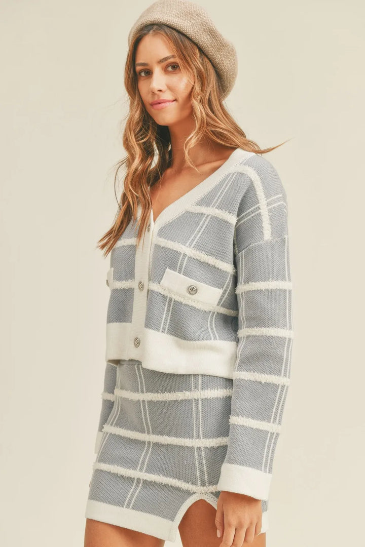 MABLE Plaid Button Down Sweater Cardigan and Mini Skirt Set Dusty Blue Outfit Sets
