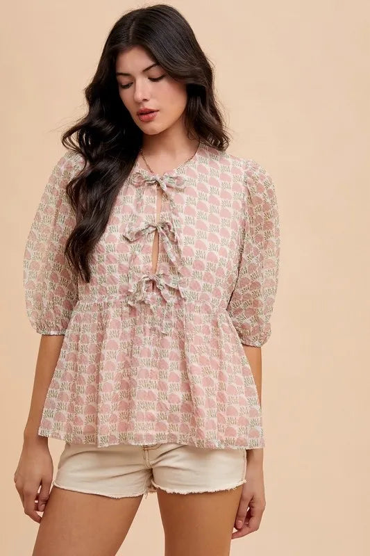 Annie Wear Printed Front Tie Closure Babydoll Blouse