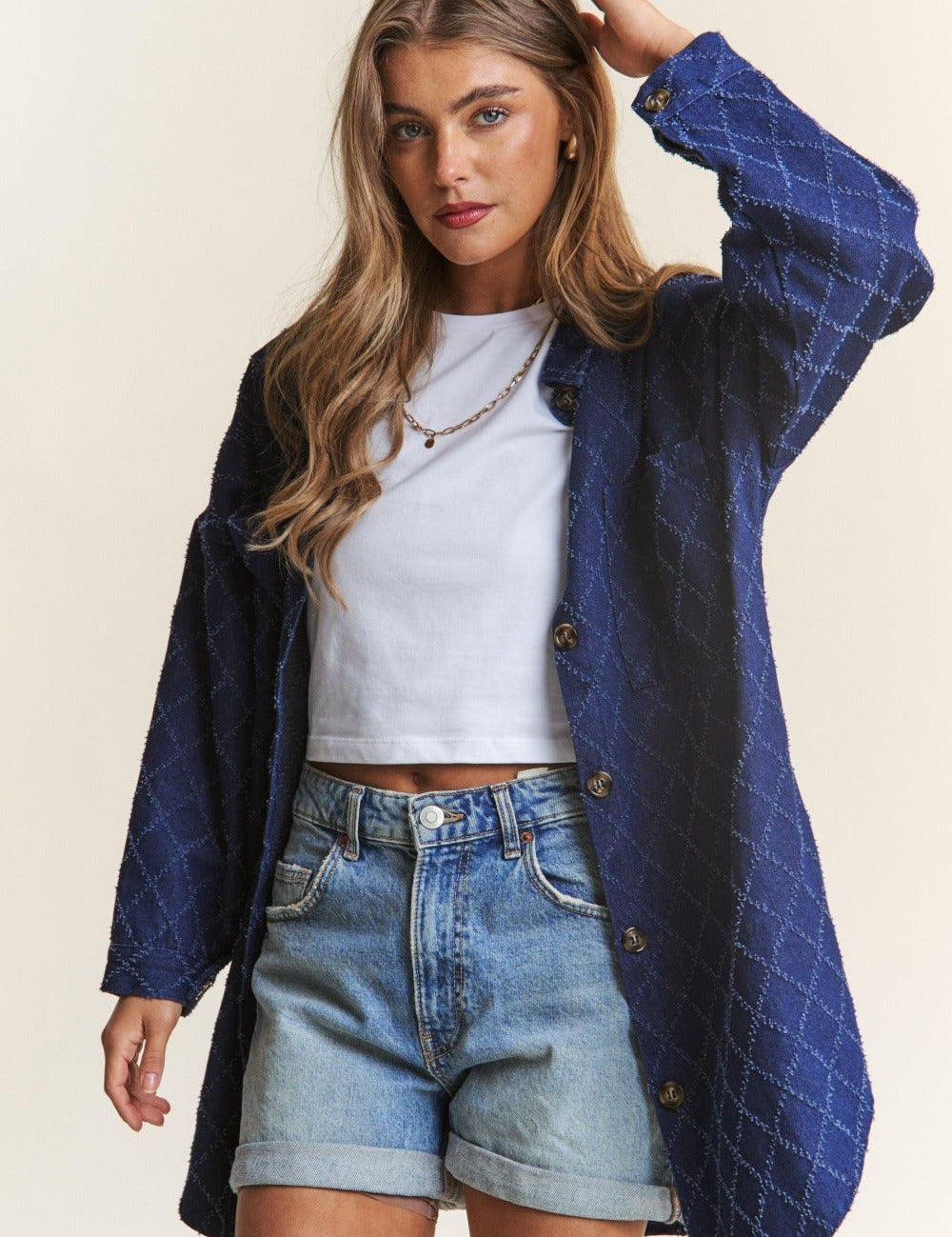 Dark Denim J.NNA Rhombus Stitched Button Up Denim Shacket | Shackets Daverri Fashions