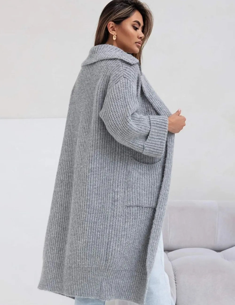 Pocketed Collared Neck Dropped Shoulder Cardigan | Cardigans Daverri Fashions
