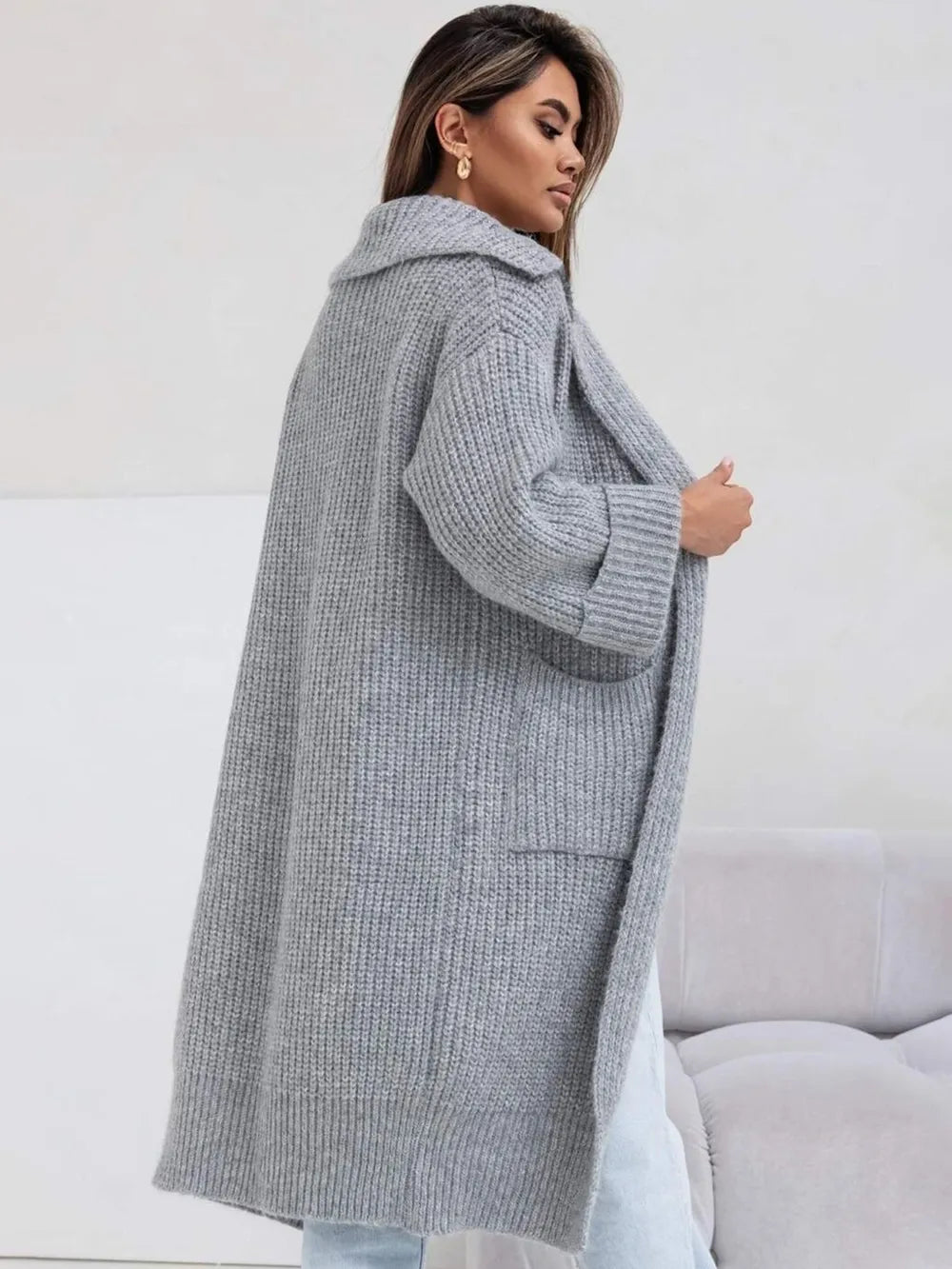 Pocketed Collared Neck Dropped Shoulder Cardigan | Cardigans Daverri Fashions