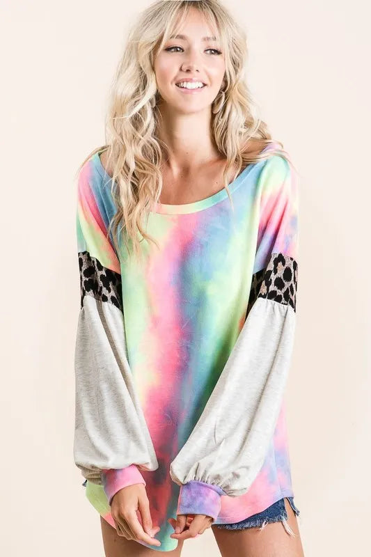 BiBi Tie Dye Terry Top with Contrast Puff Sleeves