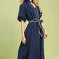 Umgee navy blue ruffle collar midi dress with white dotted trim and self-tie belt