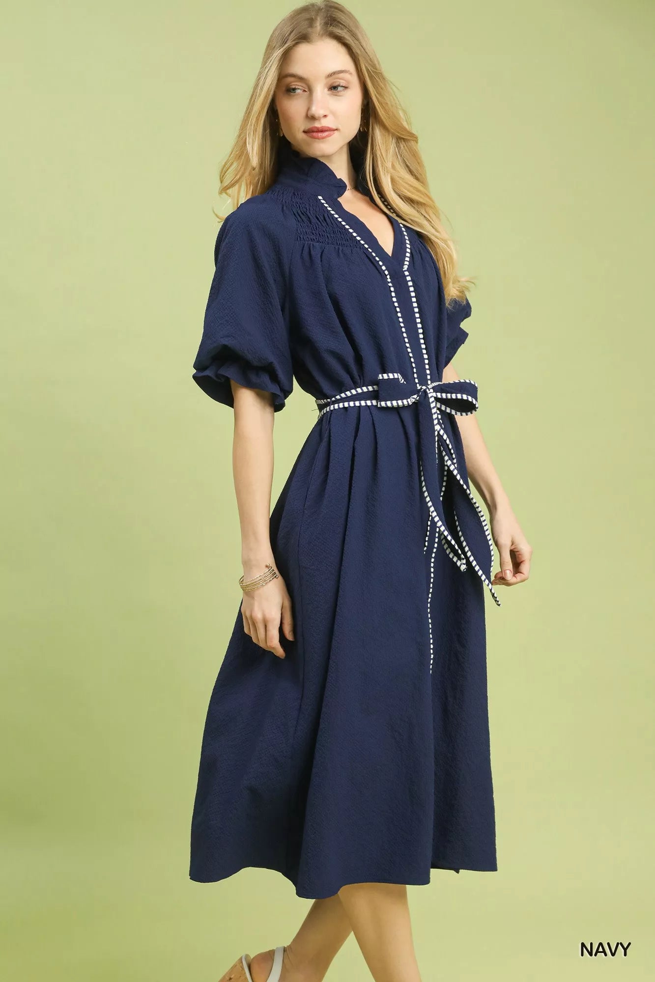 Umgee navy blue ruffle collar midi dress with white dotted trim and self-tie belt