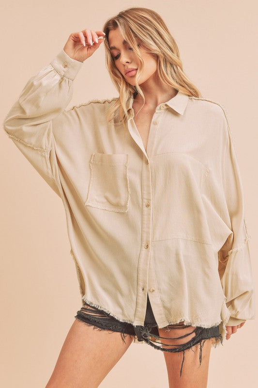 Aemi + Co Raw Edge Exposed Seam Collared Neck Long Sleeve Shirt Oatmeal