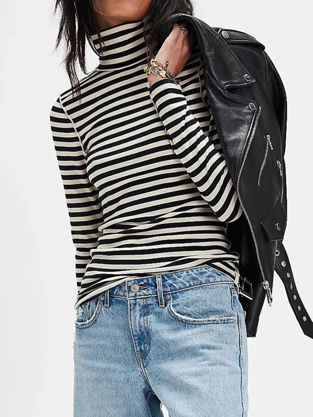 Exposed Seam Striped Turtleneck Long Sleeve T-Shirt | Tops Daverri Fashions