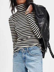 Exposed Seam Striped Turtleneck Long Sleeve T-Shirt | Tops Daverri Fashions