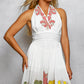 POL Floral Halter Neck Flowy Dress with pink yellow green floral embroidery