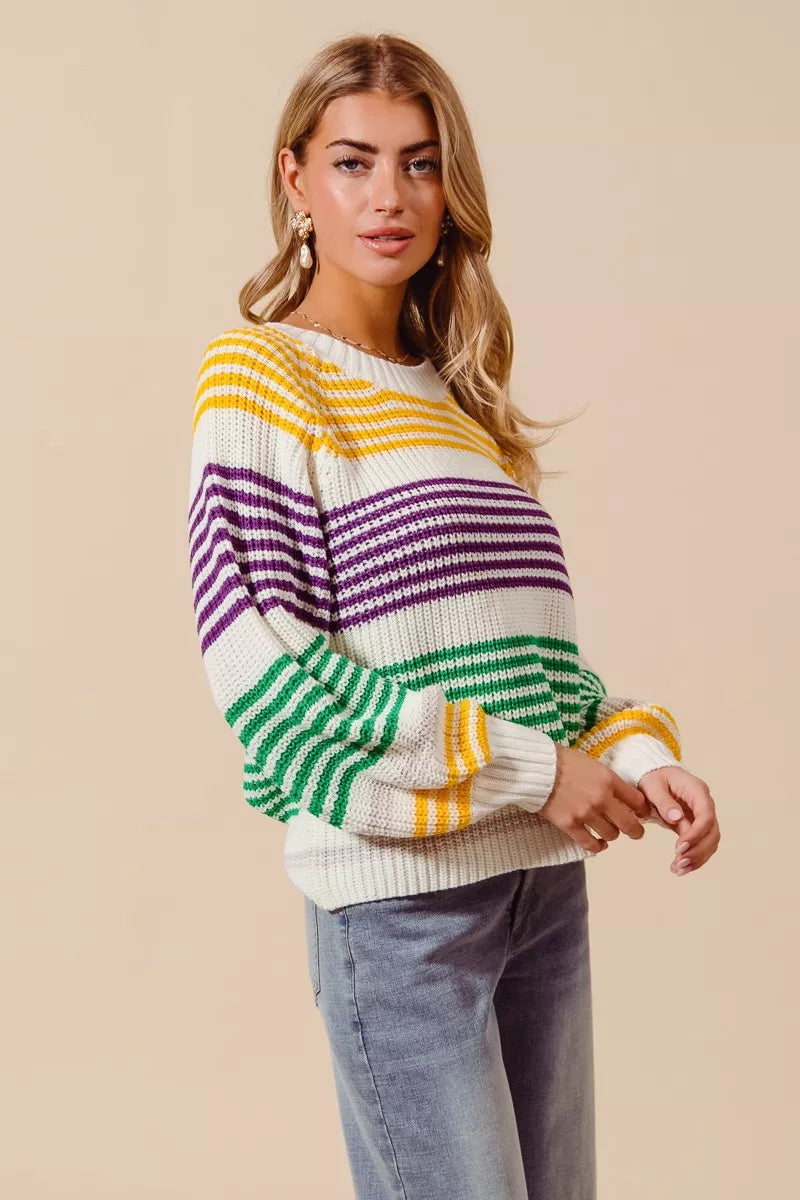 SO ME Mardi Gras Color Striped Raglan Sweater Top in cozy knit stripes