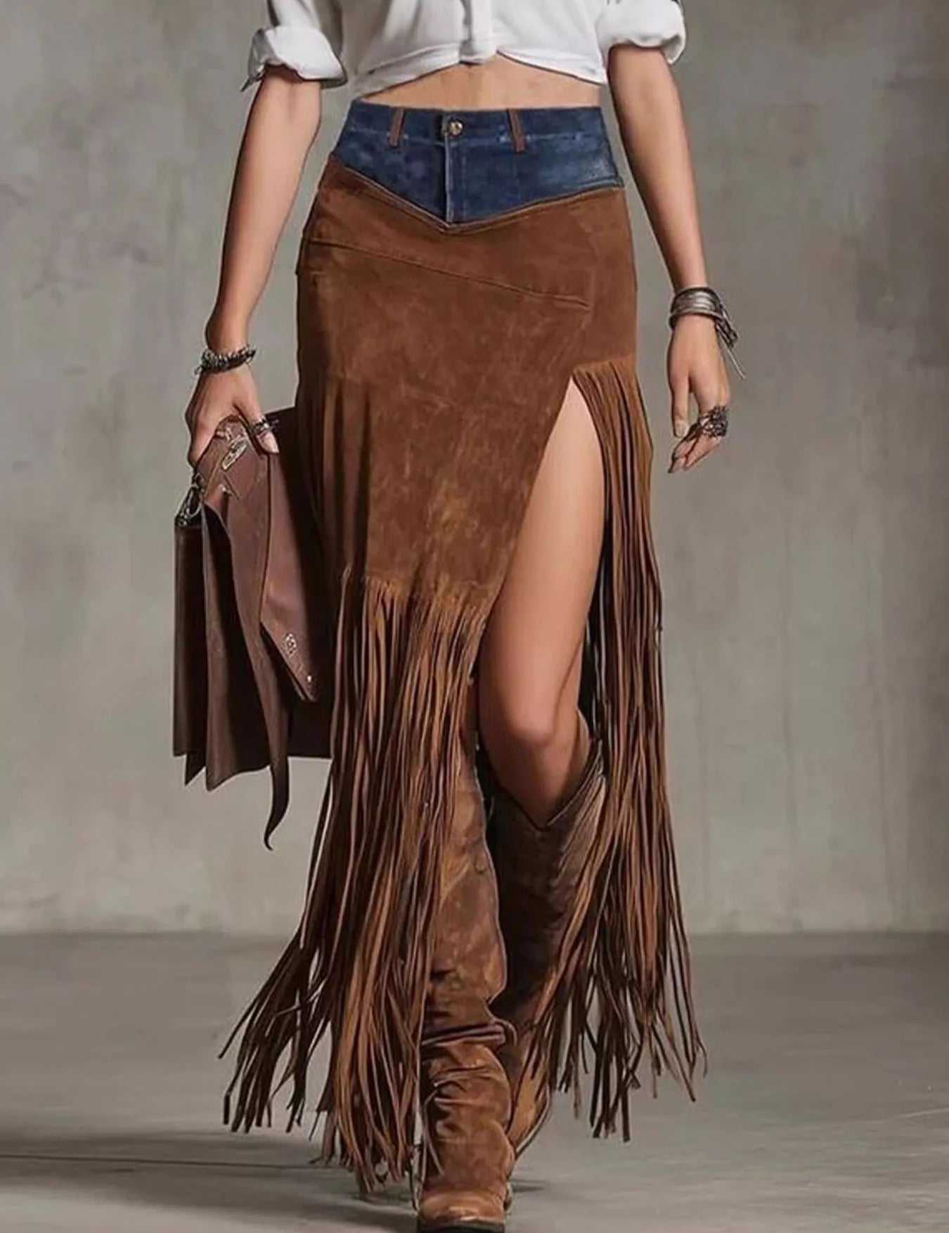 Brown Denim Patchwork Fringe Maxi Skirt | Maxi Skirts Daverri Fashions
