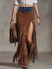 Brown Denim Patchwork Fringe Maxi Skirt | Maxi Skirts Daverri Fashions