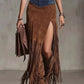 Denim Patchwork Fringe Maxi Skirt - DAVERRI FASHIONS