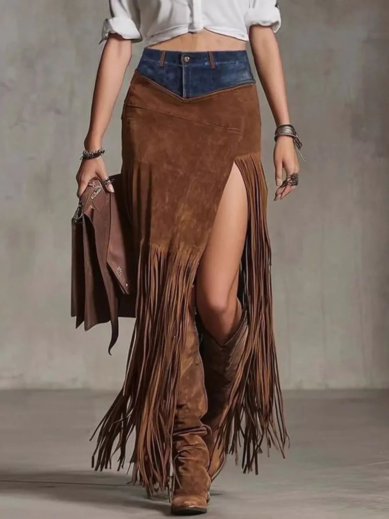 Denim Patchwork Fringe Maxi Skirt - DAVERRI FASHIONS