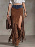 Denim Patchwork Fringe Maxi Skirt - DAVERRI FASHIONS