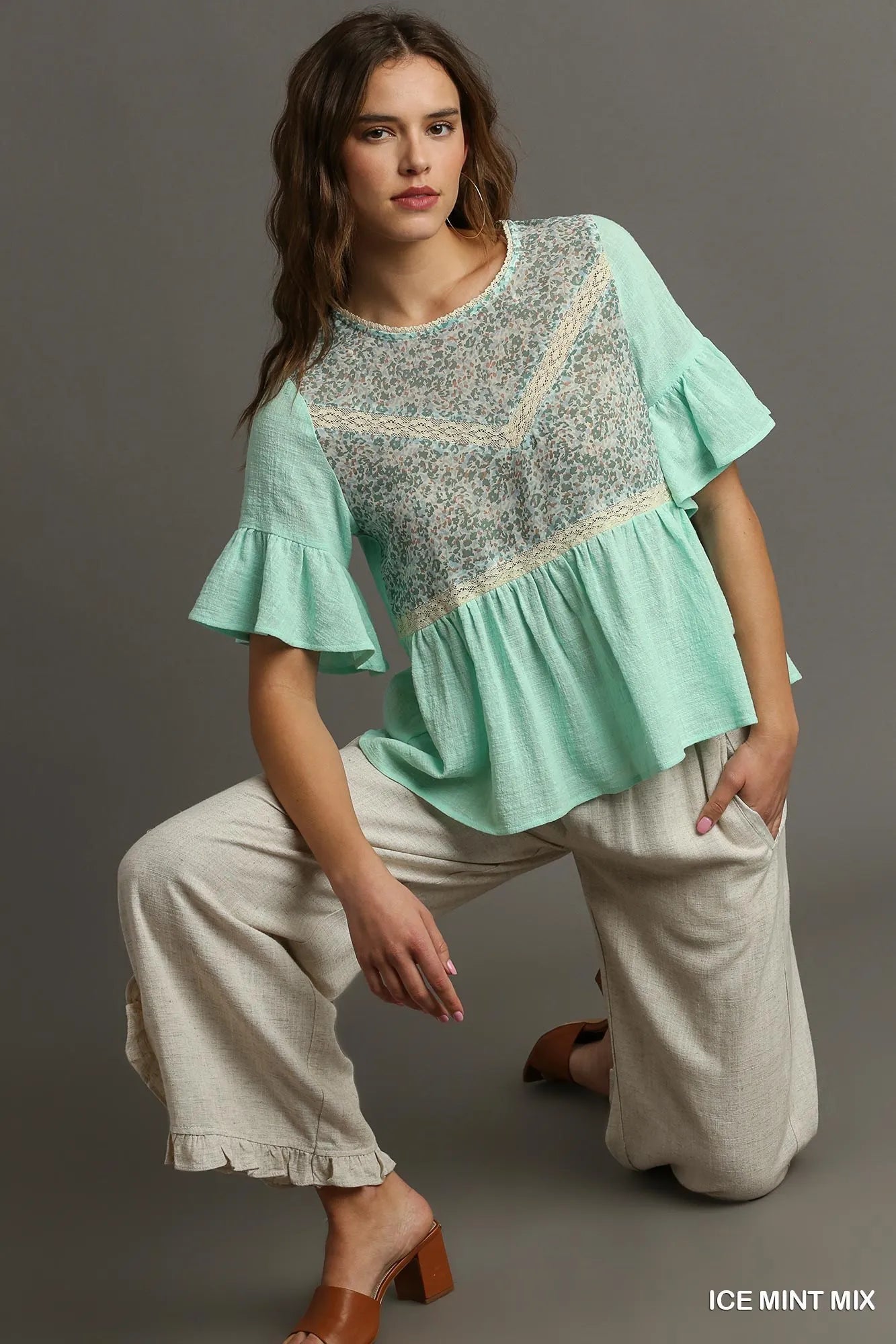 Umgee Floral Lace Trimmed Detail Half Sleeve Babydoll Top Tops