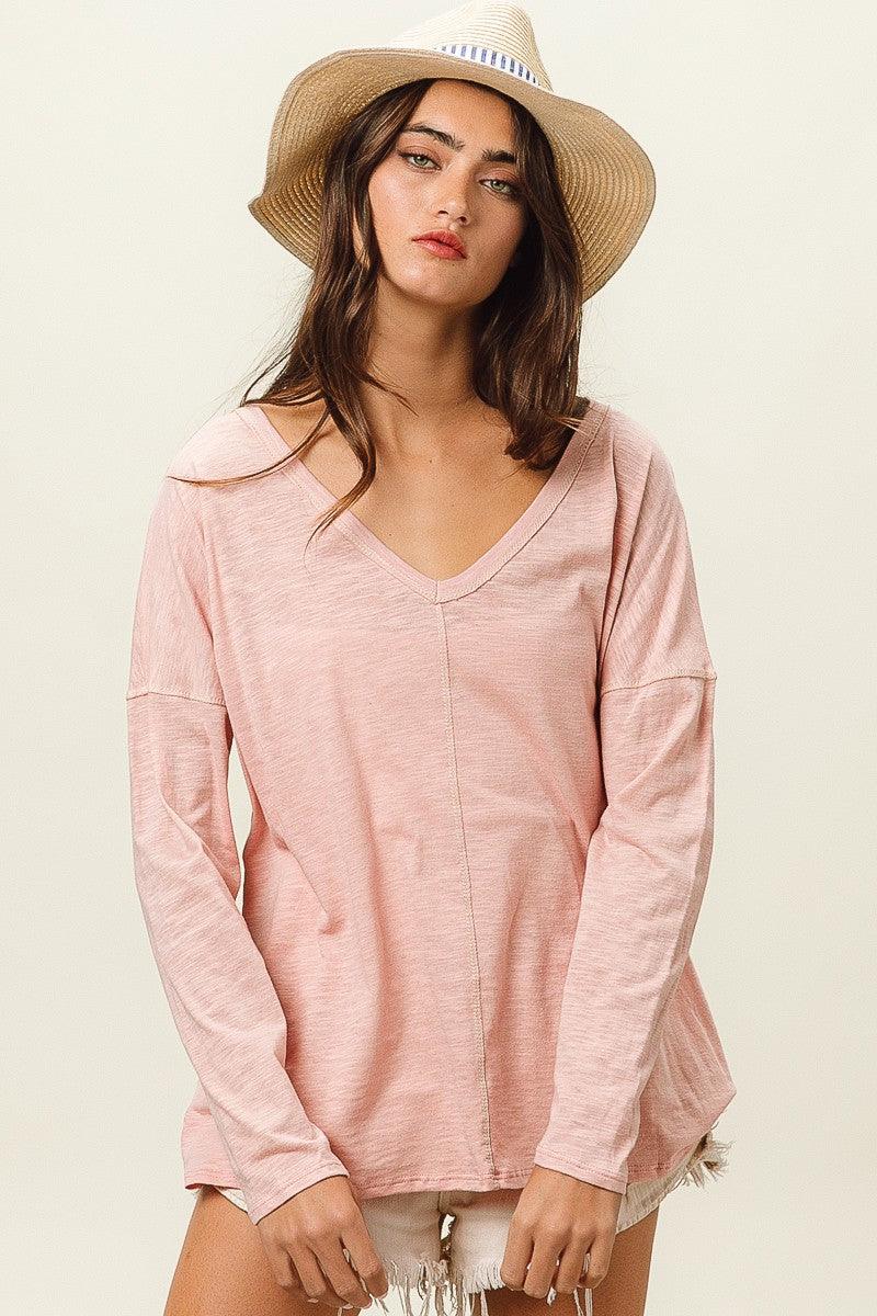 BiBi Exposed Seam V-Neck Long Sleeve T-Shirt T-Shirts