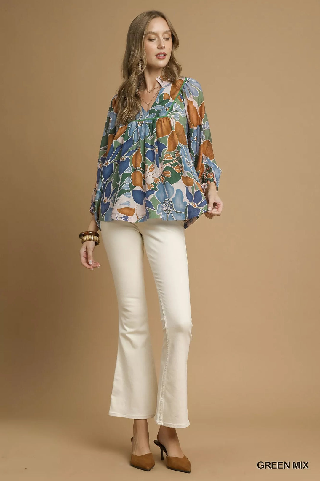 Umgee Multicolor Abstract Floral Print Blouse with Ruffle Neck | Blouses Daverri Fashions