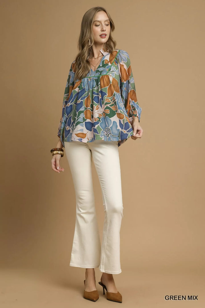 Umgee Multicolor Abstract Floral Print Blouse with Ruffle Neck | Blouses Daverri Fashions
