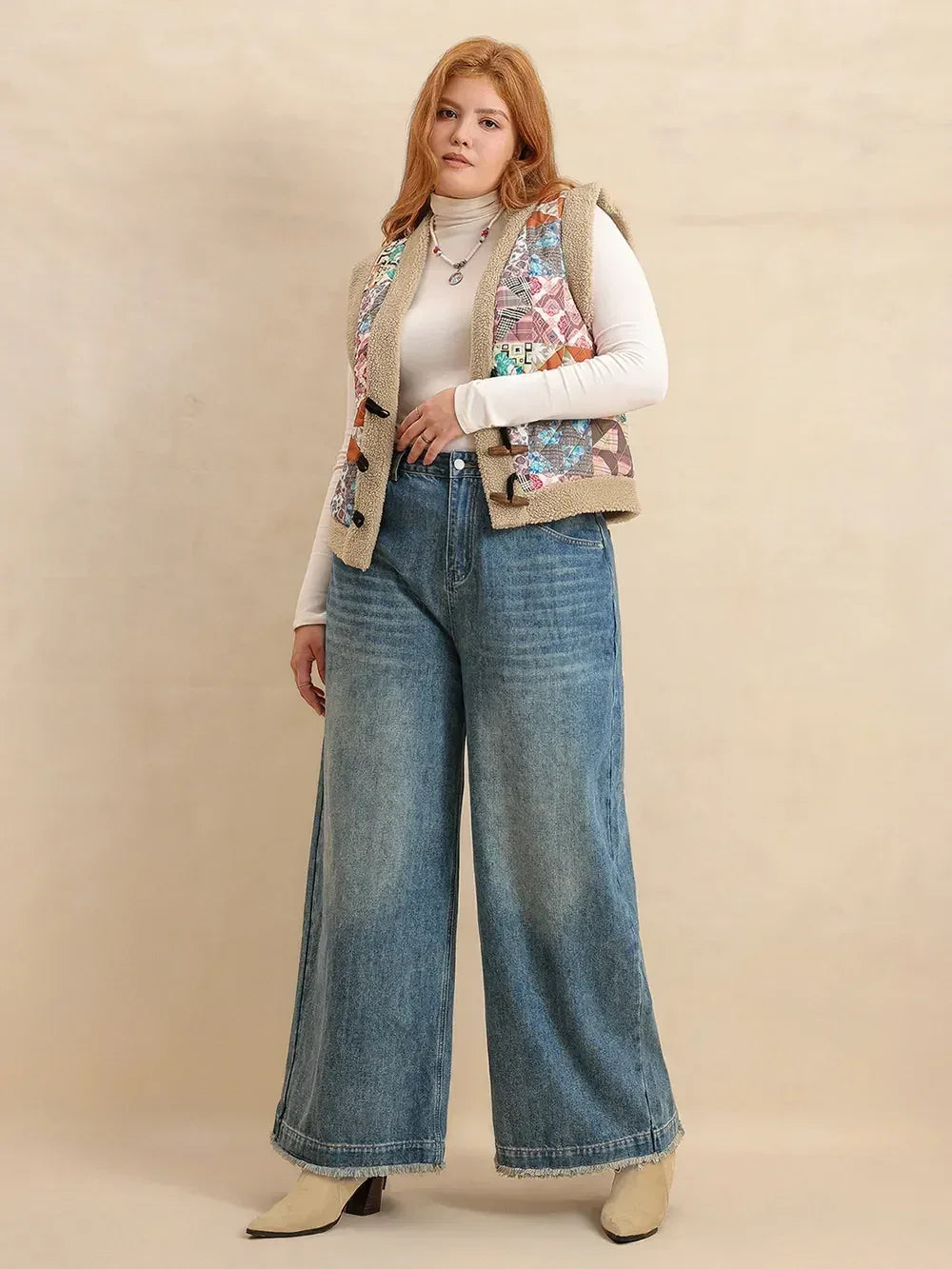 Plus Size Printed Sherpa Vest Coat - DAVERRI FASHIONS