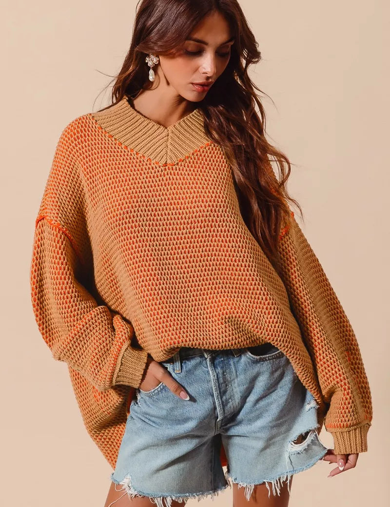 CAMEL ORANGE SO ME Oversized Two Tone Textured V Neck Sweater | Sweaters Daverri Fashions