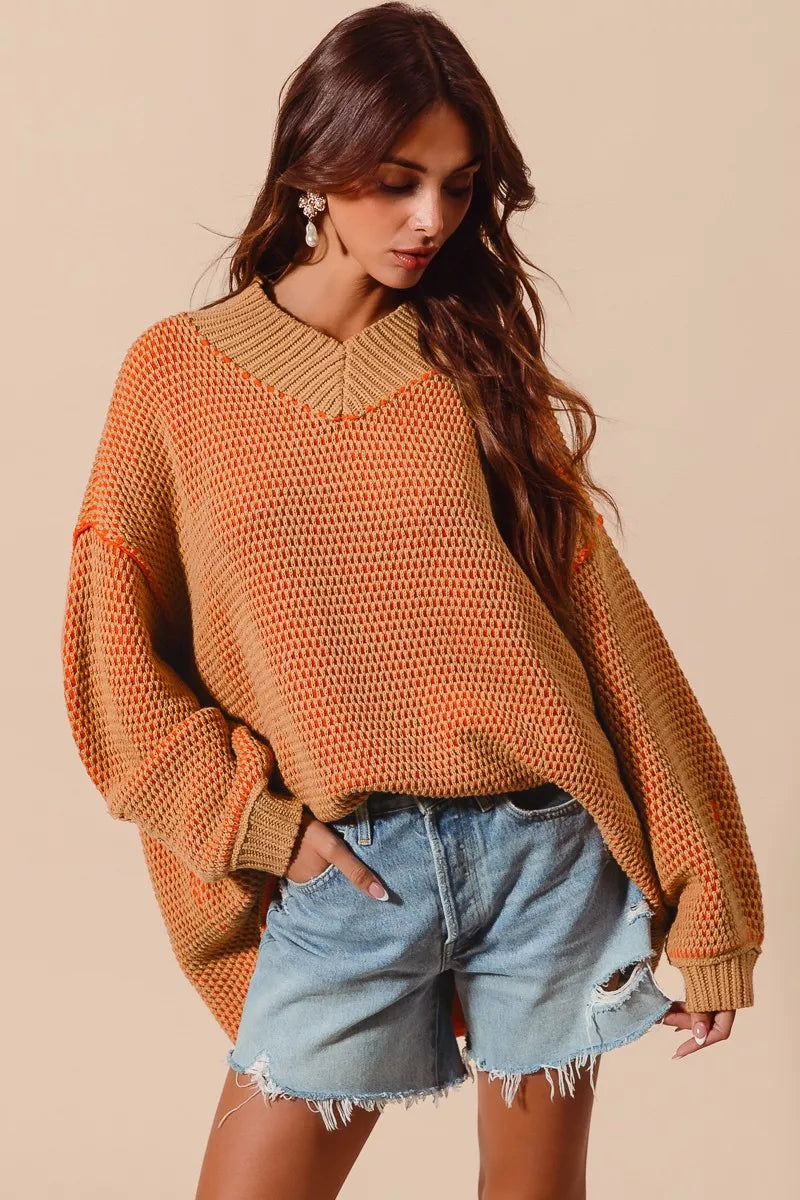 CAMEL ORANGE SO ME Oversized Two Tone Textured V Neck Sweater | Sweaters Daverri Fashions