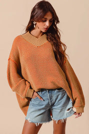CAMEL ORANGE SO ME Oversized Two Tone Textured V Neck Sweater | Sweaters Daverri Fashions