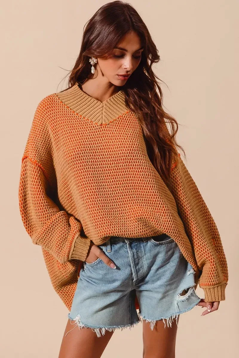 SO ME Oversized Two Tone Textured V Neck Sweater - DAVERRI FASHIONS