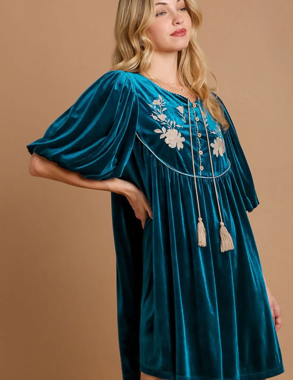 Umgee Embroidered Half Sleeve Velvet Mini Dress with Tassel | Mini Dresses Daverri Fashions