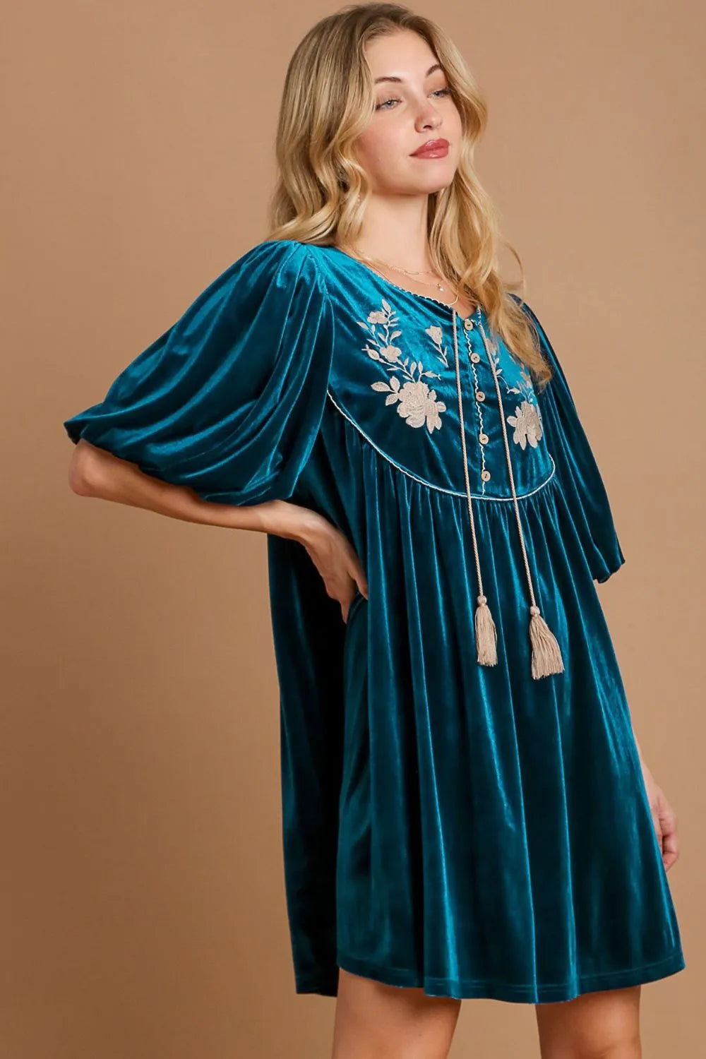 Umgee Embroidered Half Sleeve Velvet Mini Dress with Tassel Mini Dresses
